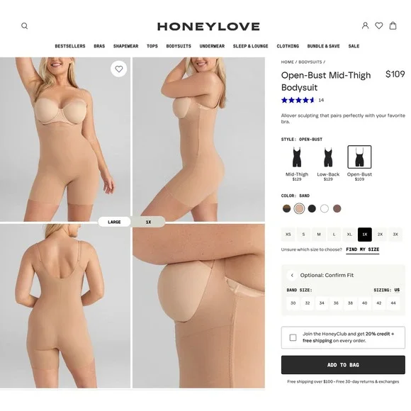Honeylove Open-Bust Mid-Thigh Bodysuit Sand Size 1X $109 MSRP - Picture 2 of 11